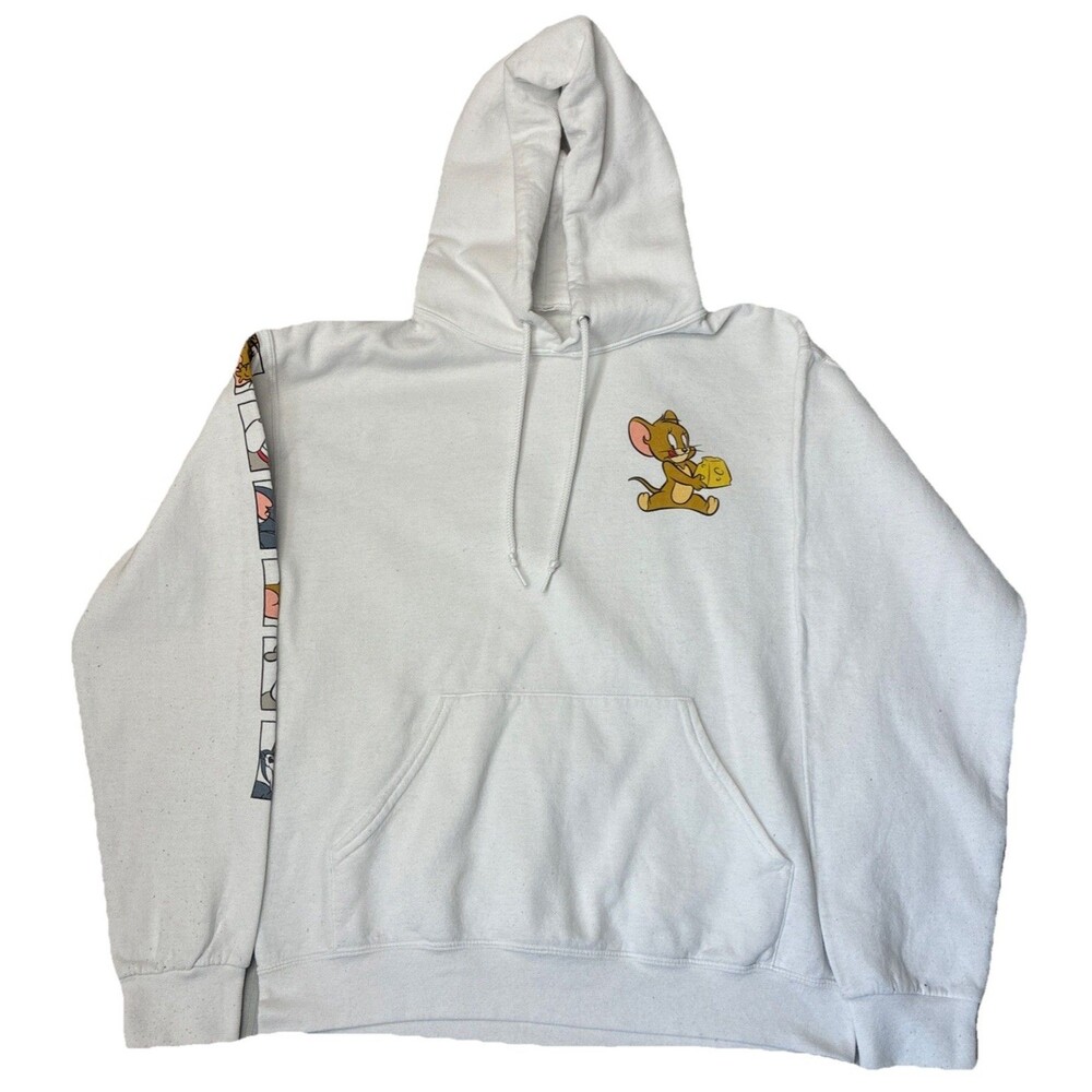 Tom and Jerry Hoodie White Graphic Front Back Sleeve NO TAG Medium ?